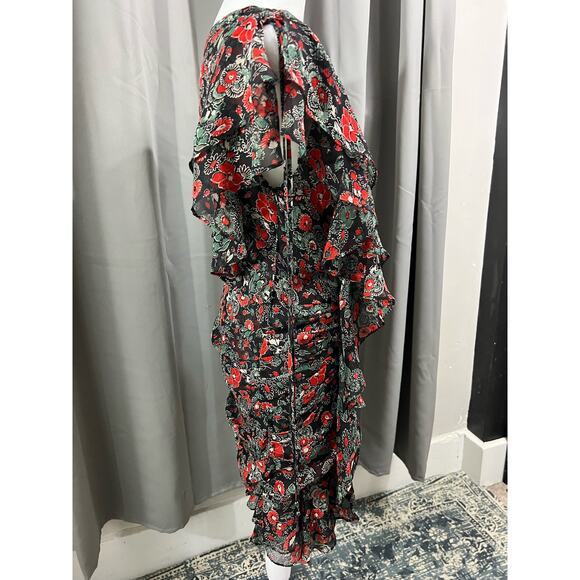 Veronica Beard Black and Red Floral Silk Mini Dress With Ruffles sz 2 - Picture 7 of 11